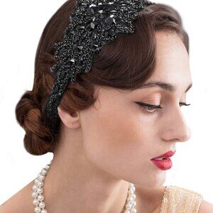 Black Rhinestone Flapper Headband 1920s Gatsby Hair Accessories for Women